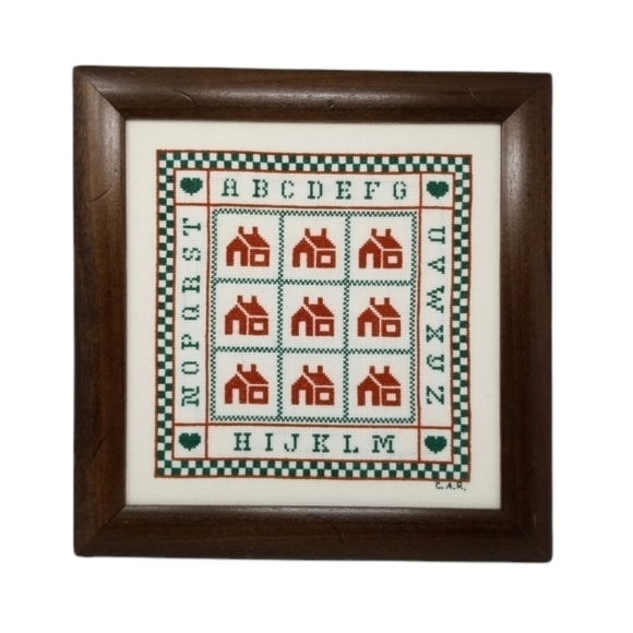 Framed Handmade Cross Stitch Wall Hanging Houses Alphabet Signed Checks Complete - Picture 1 of 9